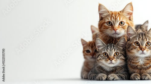 Adorable tabby kitten gathering on white background captivating feline faces and curious gaze perfect for pet product and heartwarming animal themes