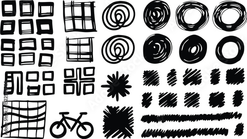 A collection of hand drawn black and white doodle elements featuring squares circles and other shapes