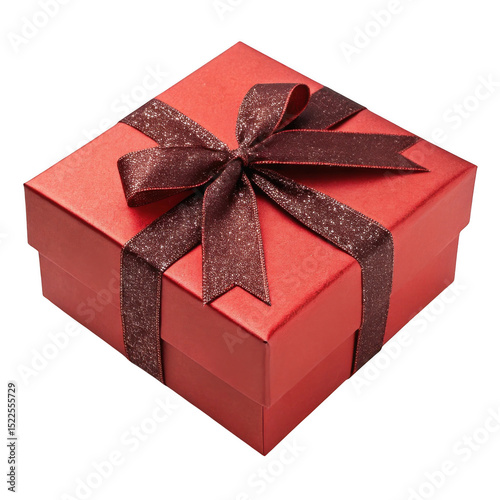 Red square gift box with glittery brown bow