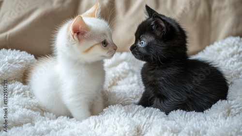 Adorable feline gaze of two little kittens white and black contrasts on soft fluffy white background with cute faces
