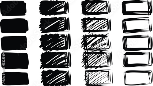 Various black rectangular shapes with different fill patterns arranged on a white background design