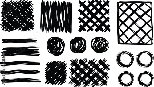 Collection of black and white abstract brush strokes circles and squares on a white background
