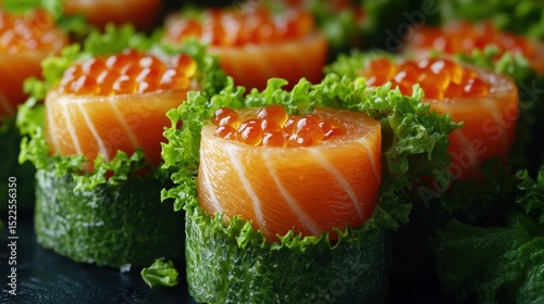 Appetizing salmon sushi rolls with vibrant green lettuce and orange roe delicate artistic presentation closeup