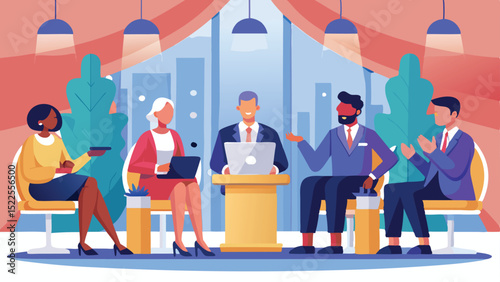 Diverse Business Professionals Attending Presentation with Laptops in Colorful Modern Conference Room