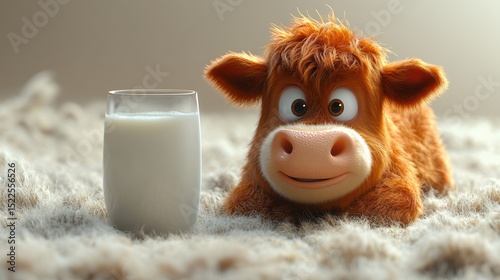 Charming brown calf and glass of fresh milk with soft furry blanket creating serene cozy ambiance