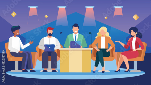 Vector Illustration of a Diverse Panel Discussion with Laptops and Studio Lighting Setup