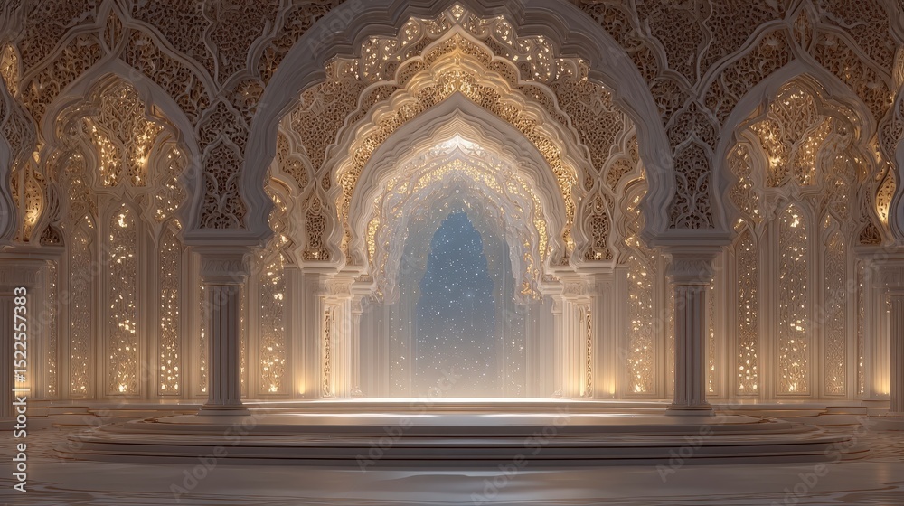 Fototapeta premium Sunlit Moorish Palace Hallway Elegant Architecture Ornate Design Cinematic Lighting