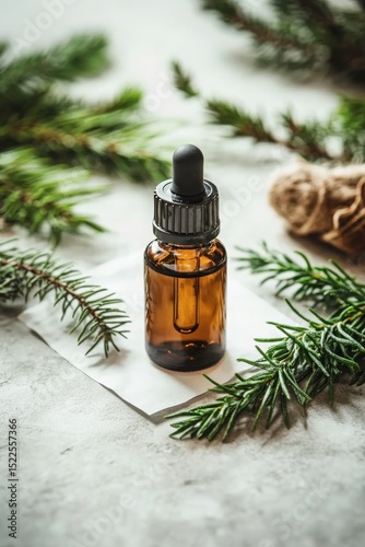 Pine essential oil in a glass bottle Branches of coniferous trees, Generative AI,