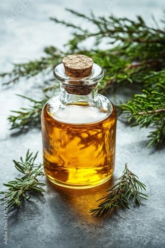 Pine essential oil in a glass bottle Branches of coniferous trees, Generative AI,