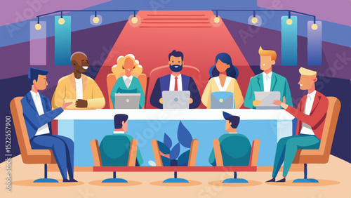Vector Illustration Diverse Professionals at a Conference Table with Laptops and Attendees Behind Them