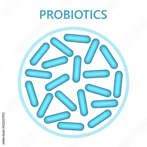 Probiotics, microbiome flora, lactobacillus bacteria in circle.