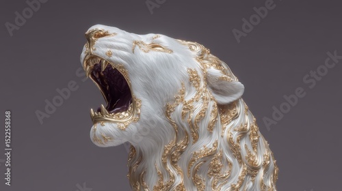 Majestic White Gold Lion Sculpture  Close Up  Roaring  Luxury  Art Deco  3D Render