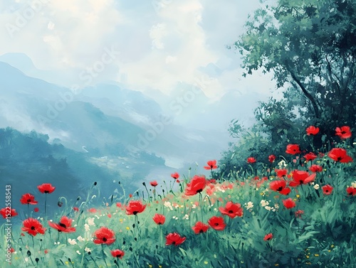 Red Poppy Field Covered in Gentle Morning Mist at Sunrise, red poppies in the field