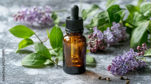 lilac oil extract in a small bottle, Generative AI,