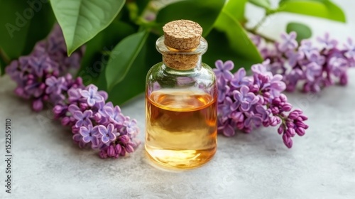 lilac oil extract in a small bottle, Generative AI,