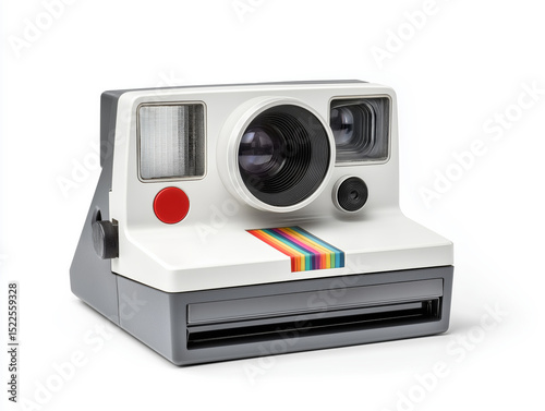 Classic Polaroid camera with instant photos captured against a clean white backdrop highlighting the nostalgia and simplicity of instant photography