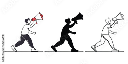 Man Holding Megaphone Editable Stroke Vector Illustration | Announcement, Public Speaking, Communication Concept | Flat Outline Style