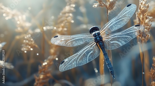 Dragonfly perched on tall grass in soft sunlight.