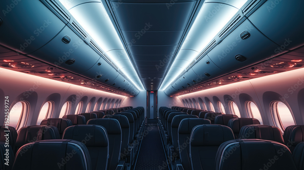 Fototapeta premium Modern airplane cabin empty seat interior aisle window lighting travel transportation commercial