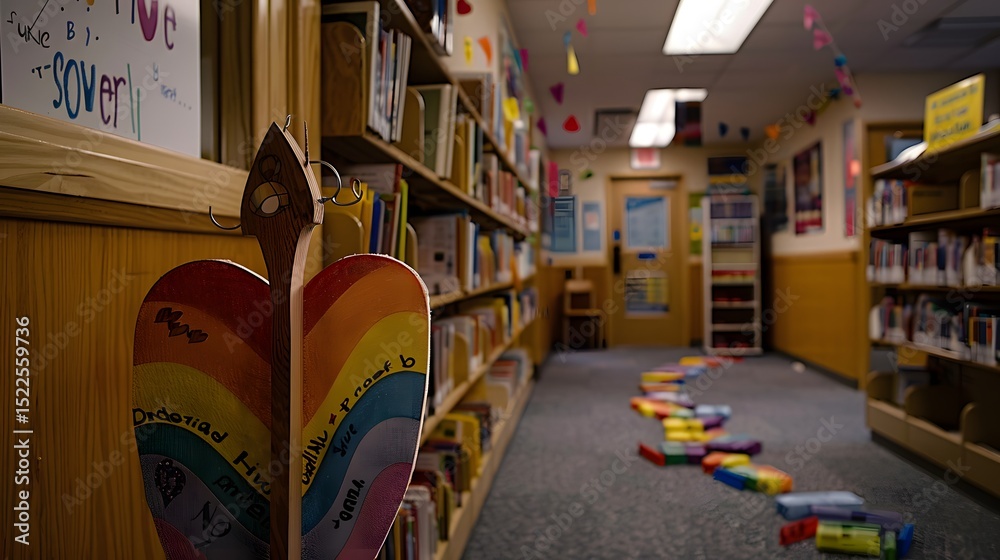 Fototapeta premium Colorful Library Corridor with Rainbow Heart Decor and Children's Book Displays