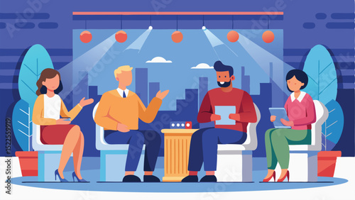 Group Interview Scene with Cityscape Backdrop, Spotlights, and Animated Style Characters