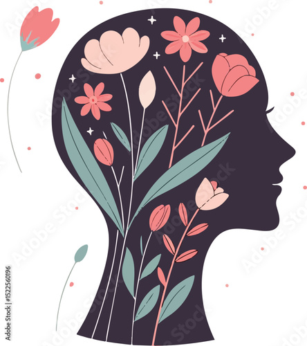 Floral Head Silhouette Representing Mental Health and Inner Growth
