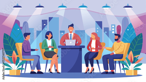 Vector illustration of business meeting with five people sitting in conference room