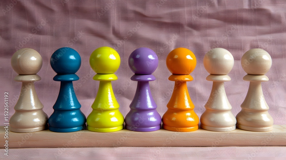 Colorful Wooden Game Pieces Lined Up on a Wooden Base Against a Soft Pink Background Colorful Wooden Game Pieces Lined Up on a Wooden Base Against a Soft Pink Background