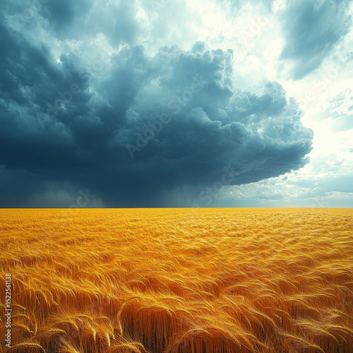 Field of wheat swaying under stormy sky.