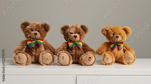 Adorable Trio of Colorful Teddy Bears with Rainbow Bowties Displayed on White Shelf