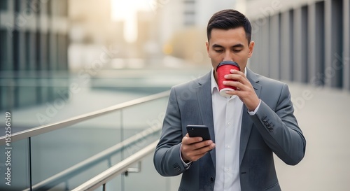 A sophisticated businessman in a smart suit takes a moment to pause, sipping a drink and reviewing a message on his phone amidst the urban environment, suggesting a modern lifestyle.