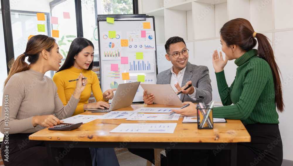 Fototapeta premium Group of business people working together with dashboard analysis and data management in conference room, Corporate business and dashboard to presentation concept.