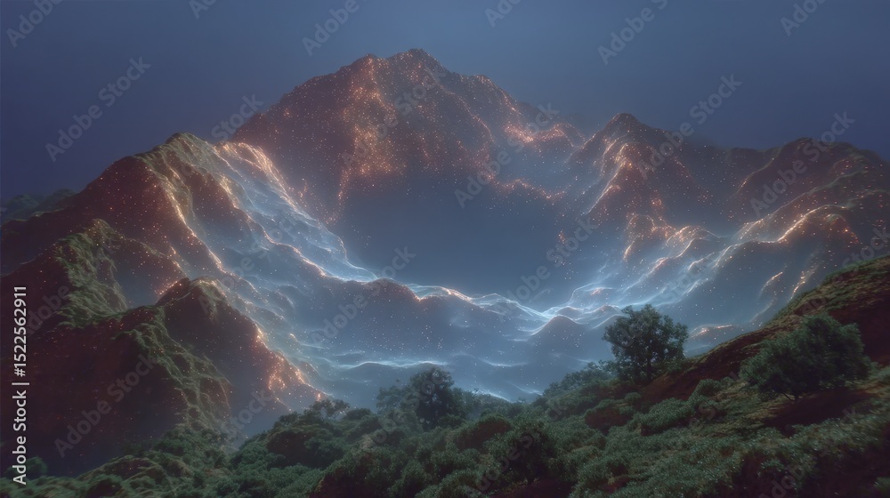 Obraz premium Magical Glowing Mountain Landscape Fantasy Nature Scene Night Sky Stars Hills Trees