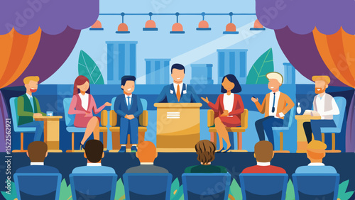 Panel Discussion Illustration Presenters on Stage with Audience in a Theater Setting
