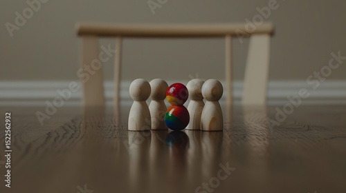 Group of Wooden Figures and Marbles on a Polished Wooden Surface in Soft Natural Lighting
