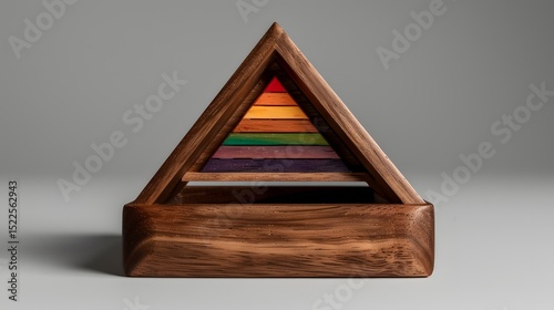 Colorful wooden pyramid toy with layered design on a smooth gray background