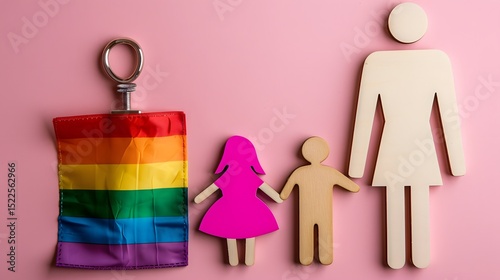 Colorful Pride Flag with Wooden Family Figures on a Pink Background Representing Inclusivity