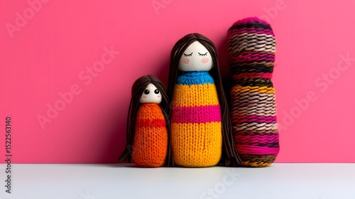 Colorful Knitted Dolls on Pink Background with Vibrant Patterns and Warm Knit Textures