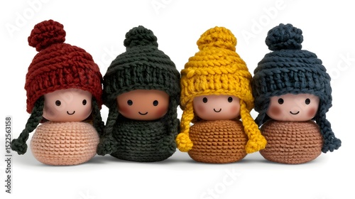 Colorful Handmade Dolls with Knitted Hats in Warm Earthy Tones for Cozy Decor and Gifts