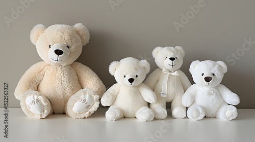Cute Collection of Soft Teddy Bears in Different Sizes and Colors on a Neutral Background