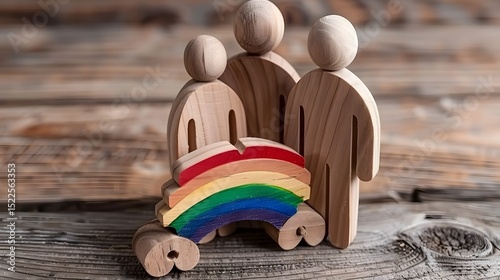 Wooden Figurines Representing Family Bonding with Rainbow Colors on Rustic Wooden Background