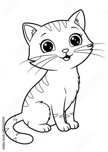 Cute cat coloring page with big eyes sitting in a playful pose  