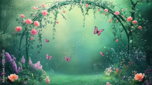 Fototapeta Naklejka Na Ścianę i Meble -  Rose archway garden scene with butterflies.