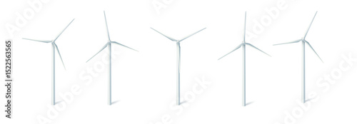 Wind turbines windmills energy power generators. White towers with long vanes for producing alternative eco energy. Vector