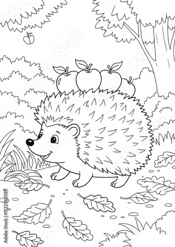 Hedgehog walking through fallen leaves with apples on its back  