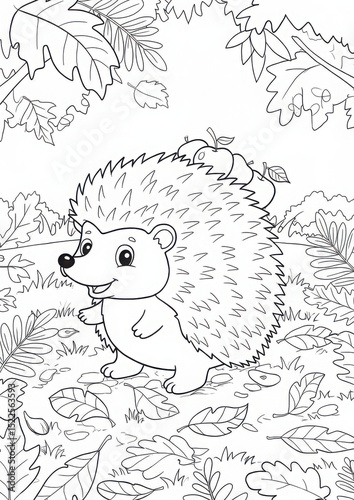 Coloring page of a hedgehog walking through fallen leaves  