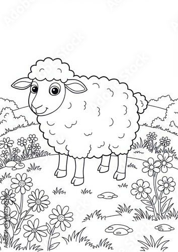 Coloring page of a sheep with curly wool standing on a hill with wildflowers  