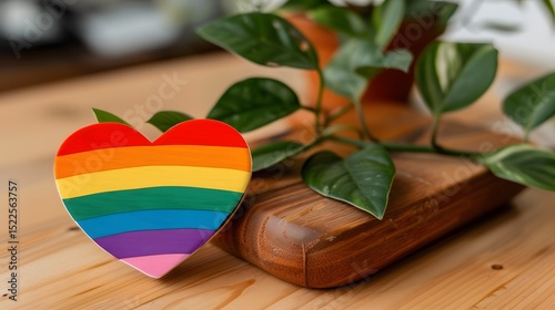 Colorful Heart Shaped Symbol of Love and Acceptance with Plant on Wooden Surface