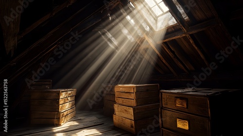 Intriguing Sunlit Attic with Forgotten Treasures and Antique Wooden Beams Revealed by Gentle Light