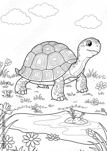 Coloring page of a turtle walking on grass next to a puddle  